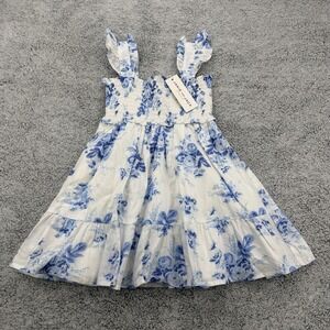 Janie & Jack Dress Little Girl 3 White Blue Floral Smocked Ruffle Strap Stretch